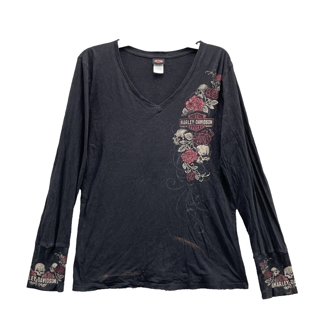 Harley Davidson T-Shirt Women's‎ Medium Y2k Biker Rocker Gothic Moto Skull Roses